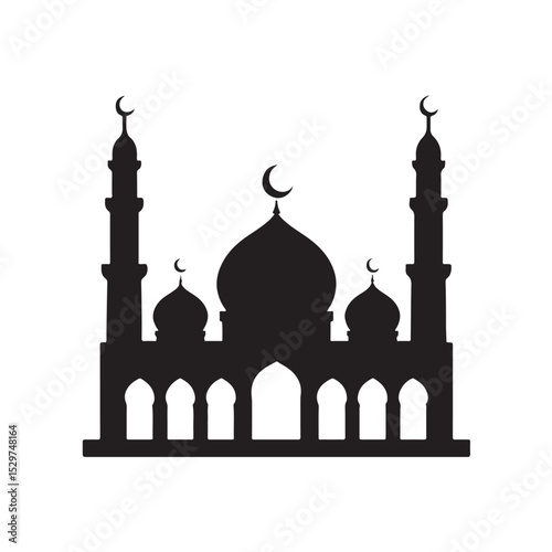 Silhouette of Mosque with Minarets and Crescent Moon Symbol