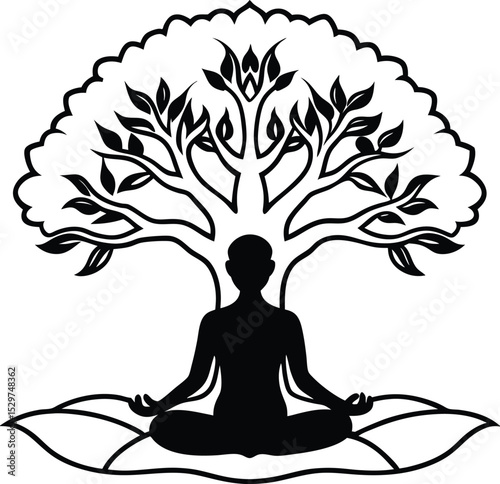 silhouette of a yogi in lotus pose beneath a wide.eps