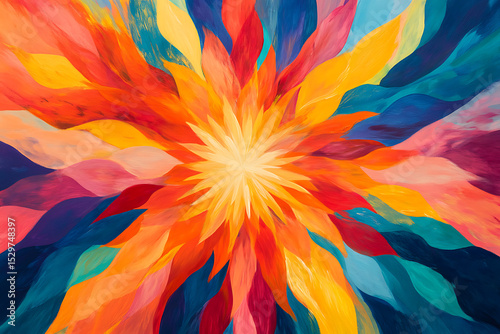 Colorful abstract painting featuring a central starburst pattern with vibrant hues and dynamic brushstrokes