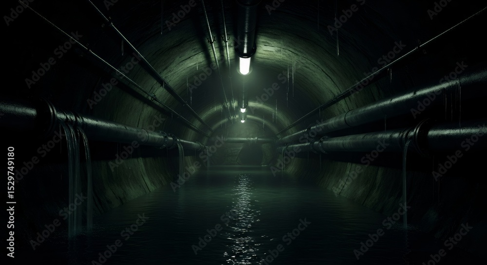 Fototapeta premium Dark and mysterious sewer tunnel concept art with water flowing from pipes. Scary game location background design.