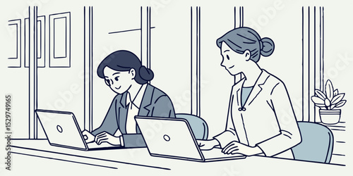 Two Women Working on Laptops in Office