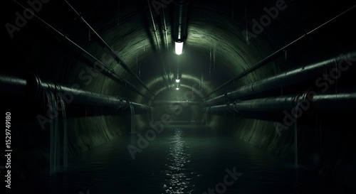 Fototapeta Naklejka Na Ścianę i Meble -  Dark and mysterious sewer tunnel concept art with water flowing from pipes. Scary game location background design.