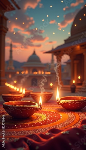 Diwali Celebration with Lit Diyas in a Majestic Setting