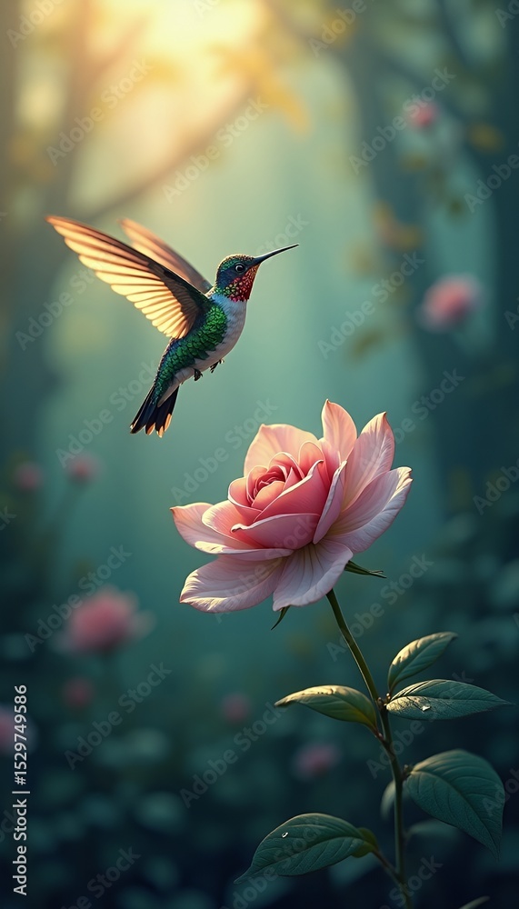 Naklejka premium Hummingbird and Rose in a Dreamy Garden