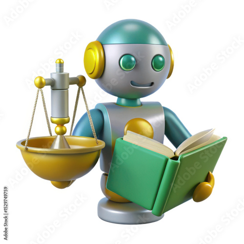 3d robot with scales of justice and book isolated on white background