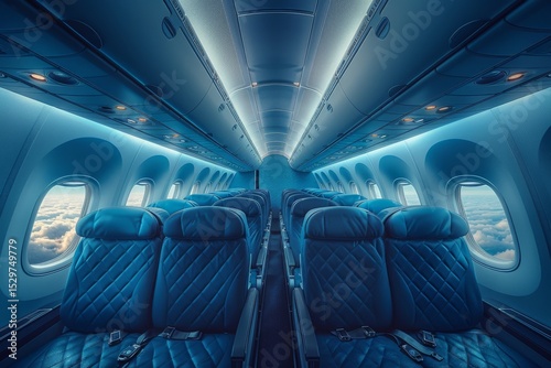 A sleek, modern airplane cabin interior view capturing the elegance of travel, designed for comfort and efficiency, representing the journey of modern commuting.