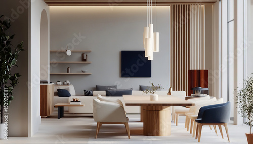 Modern and sophisticated living and dining room interiors with soft natural lighting and a clean design. Featuring a light wood dining table and white chairs, and a stylish living room in the backgrou