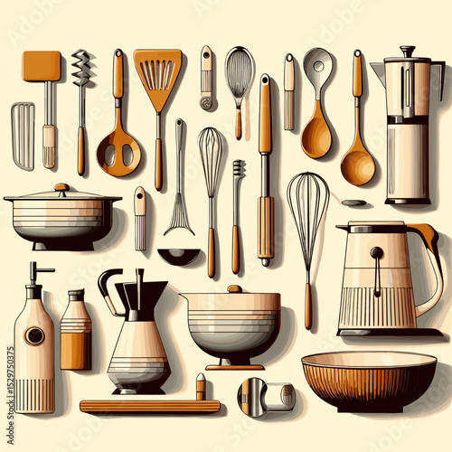 kitchen, utensils, cookware, wooden, cooking, illustration, tools, graphic design, design, aesthetic, domestic, culinary, preparation, food, modern, kitchenware, decorative, gadgets, chef, coffee make