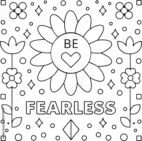 Black Outline Floral Design Featuring Words and Heart on Transparent Background. Coloring Page, Vector Illustration
