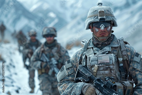 A group of soldiers clad in frost-covered gear is depicted braving harsh winter elements, embodying bravery, teamwork, and resilience in a rugged mountainous landscape.