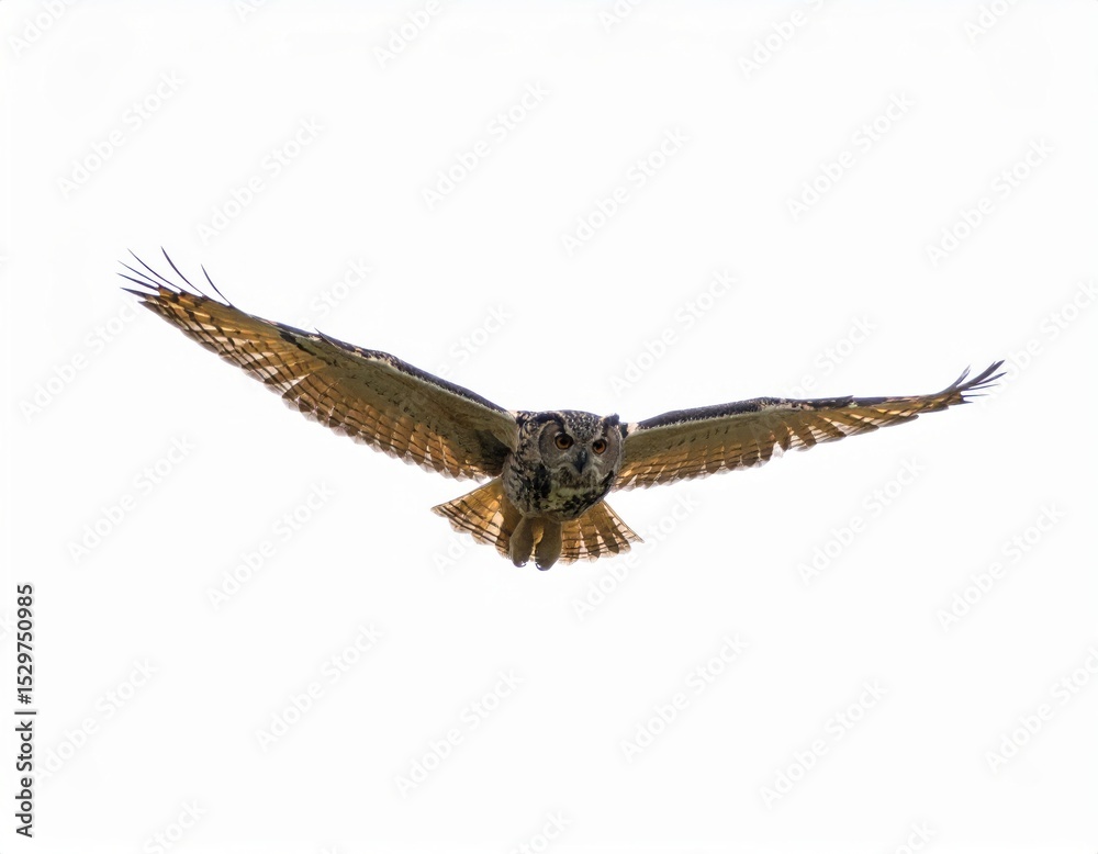 Fototapeta premium Owl flying over white background, no shadow