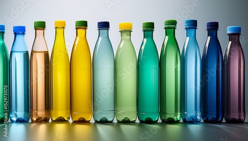 a row of plastic bottles of various colors and sizes the bottles are lined up on a surface with some of them being green yellow and blue concept of variety and diversity