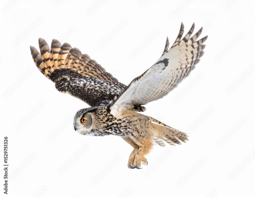 Fototapeta premium Owl flying over white background, no shadow