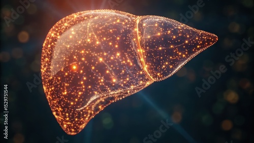A glowing, abstract representation of a liver, showcasing vibrant colors and a sparkling texture against a dark background.