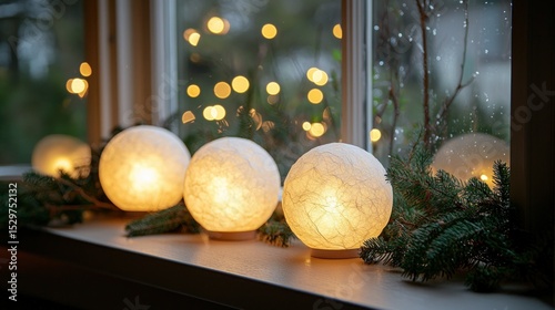 Warm, white orbs illuminate a windowsill, adorned with festive greenery and fairy lights