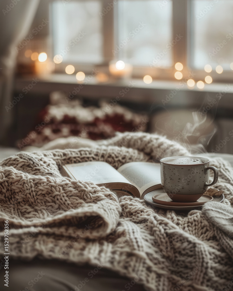 Fototapeta premium A cozy scene featuring a warm knitted blanket, an open book, and a steaming cup of coffee on a soft bed. Soft lighting and candles create a relaxing atmosphere.
