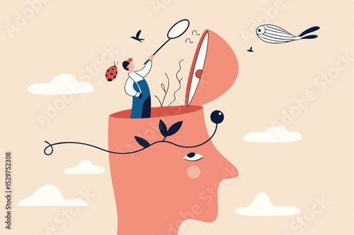 Distraction, social media or environment that disturb and cannot focus on work, unproductive lifestyle concept, human head with himself losing focus and attention distracted by bugs flying around.