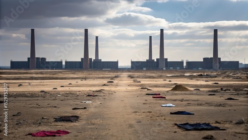 Industrial landscape featuring large smokestacks and a barren foreground under a cloudy sky.