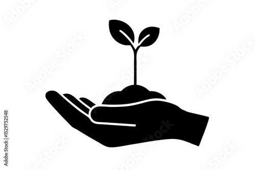Hand and Seedling Silhouette – Eco Growth Icon Vector on White Background

