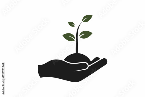Hand and Seedling Silhouette – Eco Growth Icon Vector on White Background

