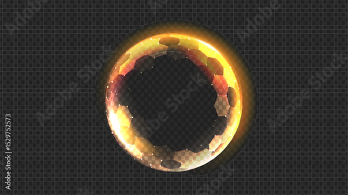 Gold shield sphere with 3D honeycomb protect effect. Tech glowing energy dome and light. Abstract geometric ball for digital security force field. Cyber concept for AI interfaces or neon HUD designs.
