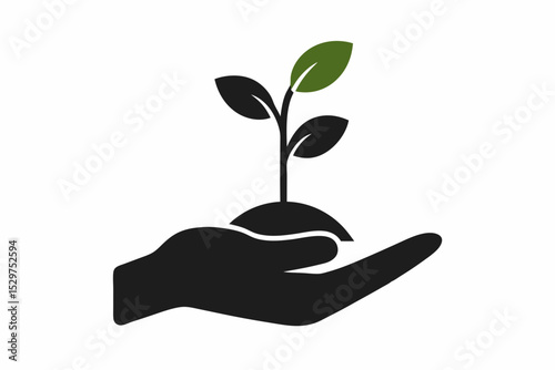 Hand and Seedling Silhouette – Eco Growth Icon Vector on White Background

