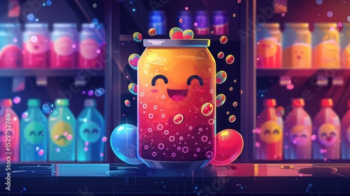 A cheerful soda can with bubbles in a vibrant store