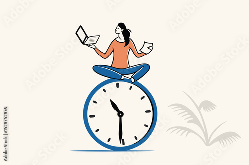 Flexible working hours, work life balance or focus and time management while working from home concept, young lady woman working with laptop while doing yoga or meditation on clock face.