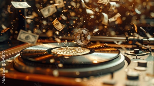 Bitcoin spinning on a record player amidst falling money