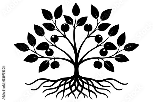 Vibrant Berry Bush Illustration with Lush Green Leaves – Natural and Fresh Design

