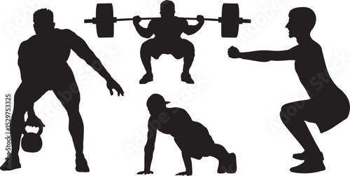 Vector silhouettes of athletes performing kettlebell lifts, squats, push-ups, and weightlifting exercises. Perfect for fitness, gym, and workout designs, men silhouette isolated on white background.