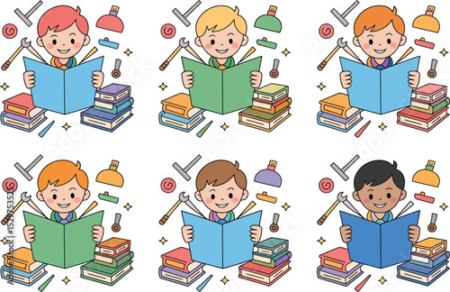 Cartoon boys reading books surrounded by construction tools and stacked books