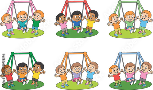 Cartoon illustration of children on swings with varied ethnicities and colors