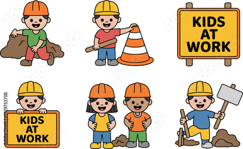 Cute cartoon kids at work illustration set construction theme
