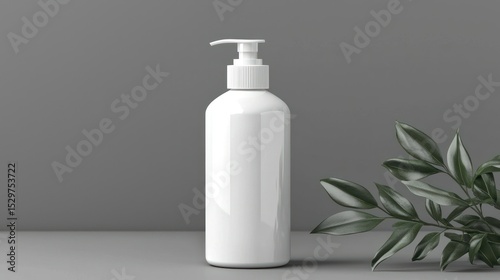 Empty white pump bottle on a gray surface, with greenery