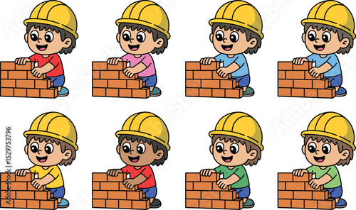 Cartoon builders constructing brick walls in diverse colors and skin tones illustration