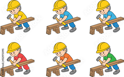 Seamless pattern of cartoon carpenter character hammering nail construction design
