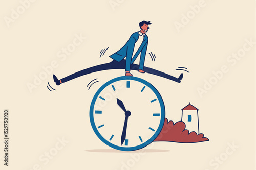 Smart time management, success in work strategy on business deadline or working time efficiency concept, smart happy and confidence businessman employee worker jump over time passing clock.