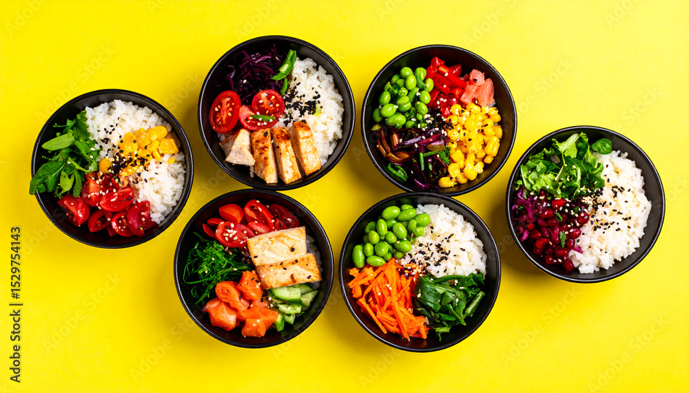 Top-Down View of Diverse Poke Bowls Top-Down View of Diverse Poke Bowls