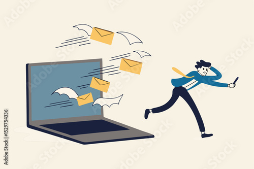 Email overload too many junk mails that reduce efficiency and productivity in work and time management concept, businessman office guy run away from overload flying mail letter from computer laptop.
