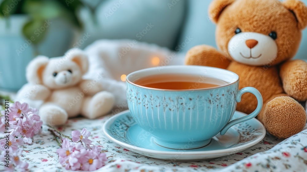 Fototapeta premium Cozy teacup, teddy bears, flowers