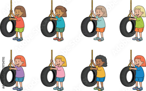Cartoon girls playing on tire swings diversity representation illustration