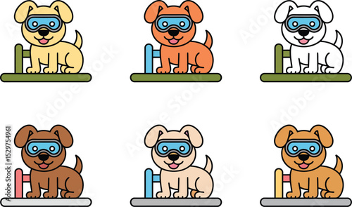 Colorful cartoon dogs wearing goggles sitting next to fences illustration