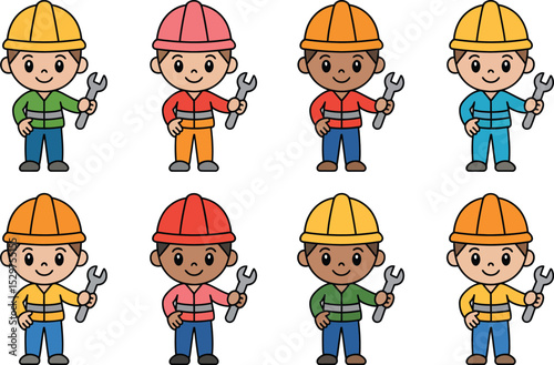 Cute cartoon construction workers holding wrenches diverse group of tradespeople