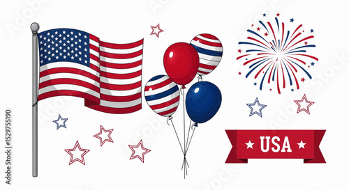 High-quality vector illustration featuring a waving American flag, red, blue, and striped balloons, scattered stars, a firework burst, and a "USA" banner, all with fine details.