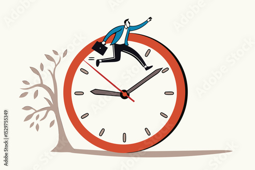 Work efficiency, time management to help finish multitasking work or smart productivity concept, confident businessman holding suitcase jumping on clock hands metaphor of time management.