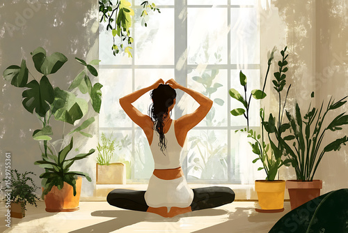 Woman meditating in lotus position surrounded by plants near a bright window in a sunlit room