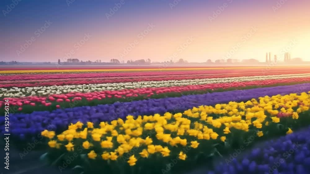 Vibrant fields of tulips in full bloom at sunset, showcasing a colorful landscape of flowers Vibrant fields of tulips in full bloom at sunset, showcasing a colorful landscape of flowers