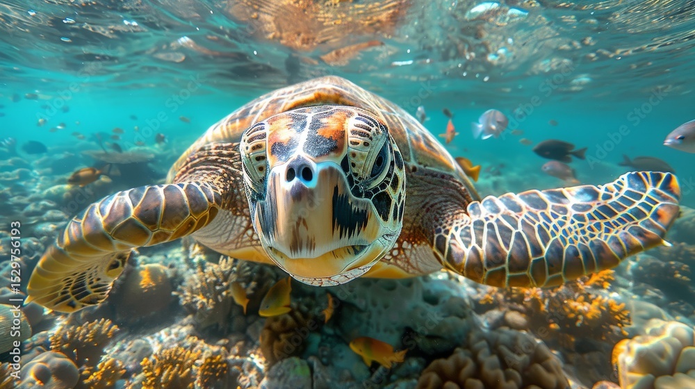 Obraz premium A stunning underwater scene featuring a sea turtle gracefully swimming among colorful coral, highlighting the beauty and diversity of marine life in its natural habitat.