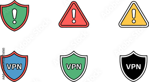 Vpn security and warning icons for internet safety and network protection against cyber threats online data editable stock vector illustration